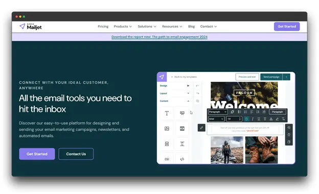 A screenshot of the Mailjet website, highlighting its features for designing and sending email campaigns. The image includes a headline about connecting with your ideal customer, a call to action to get started, and a preview of the email builder interface.

