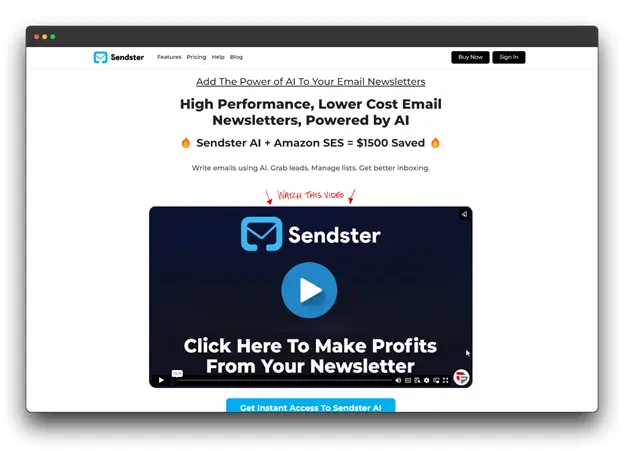 A screenshot of the Sendster AI website, showcasing its features and benefits. The image includes a video thumbnail and a button to 'Get Instant Access to Sendster AI.