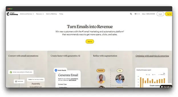 Mailchimp website, showing the platform's capabilities and benefits. The image includes a headline about turning emails into revenue and a visual representation of the platform's features.

