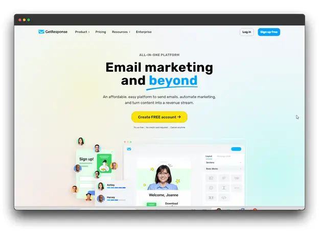 A screenshot of the GetResponse website, showcasing its capabilities and benefits. The image features a headline about email marketing and beyond, a call to action to sign up