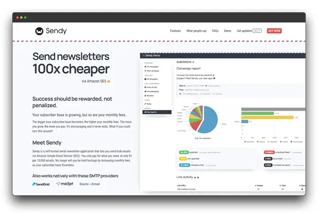 A screenshot of the Sendy website, highlighting its key features and benefits. The image includes a headline about sending newsletters 100x cheaper, a comparison to other platforms, and a sample campaign performance report
