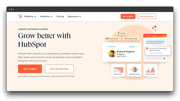 A screenshot of the HubSpot website, showcasing its capabilities and benefits for businesses. The image includes a headline about growing better with HubSpot, a visual representation of the platform's features, and a call to action to get started.