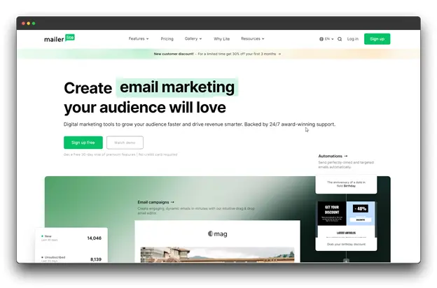 The homepage of MailerLite, an email marketing platform that helps you create engaging campaigns to grow your audience and drive revenue. The page features a call to action to 'Sign Up Free' and highlights features like email campaigns and automations.