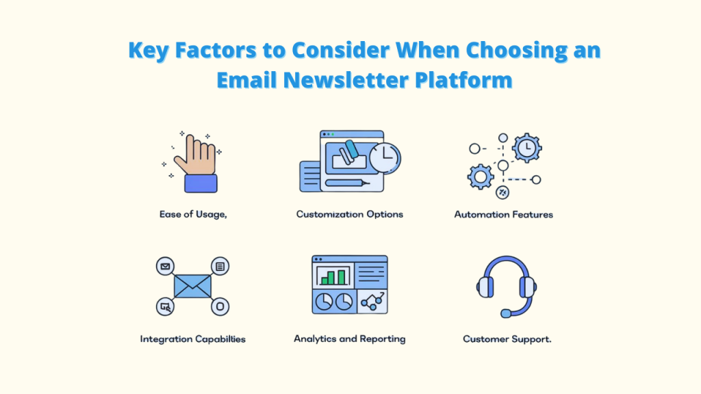 A visual representation of the essential elements to evaluate in an email newsletter platform, with icons representing ease of use, customization, automation, integration, analytics, and customer support.