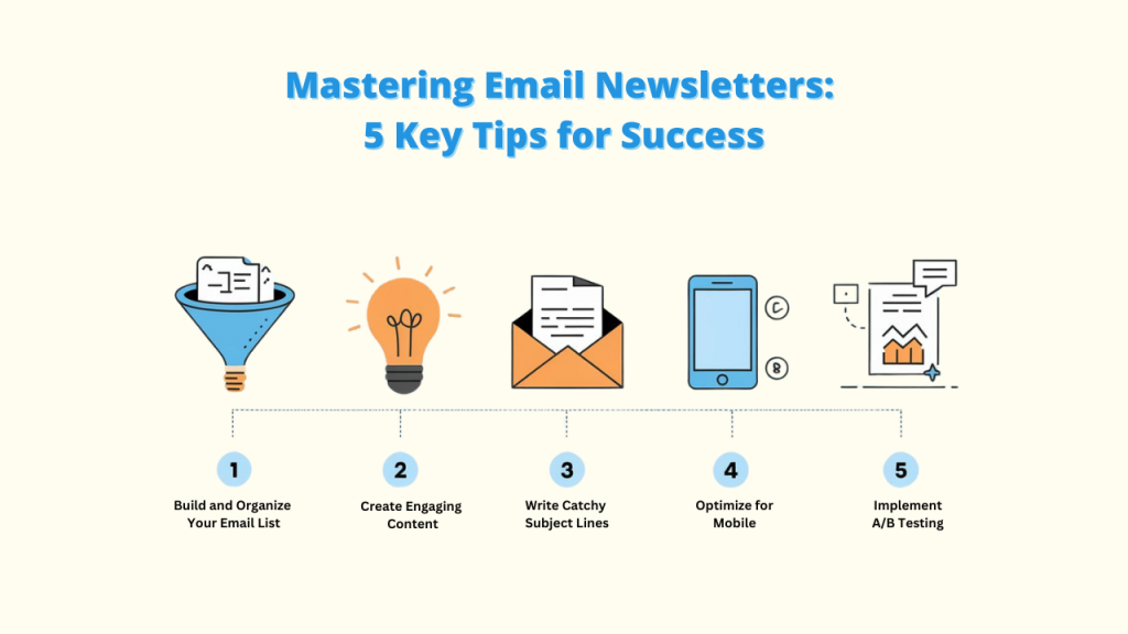 An infographic outlining 5 key tips for creating successful email newsletters. The tips include building and organizing your email list, creating engaging content, writing catchy subject lines, optimizing for mobile, and implementing A/B testing